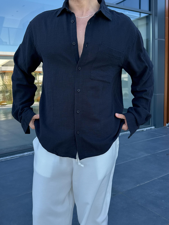 Siyah Göğüs Cepli Ham Keten Oversize Gömlek PNC 2550