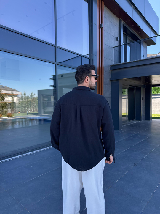Siyah Göğüs Cepli Ham Keten Oversize Gömlek PNC 2550