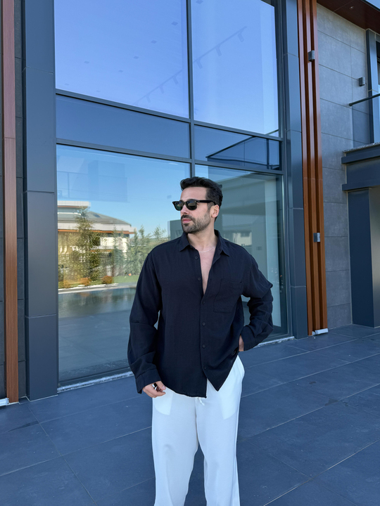 Siyah Göğüs Cepli Ham Keten Oversize Gömlek PNC 2550
