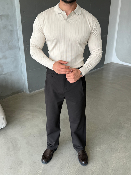 Bej Yakalı Fitilli Basic Triko TB