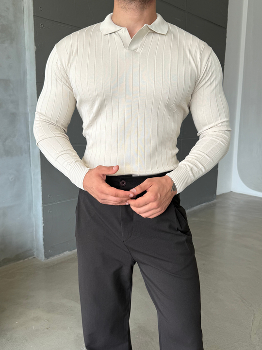 Bej Yakalı Fitilli Basic Triko TB