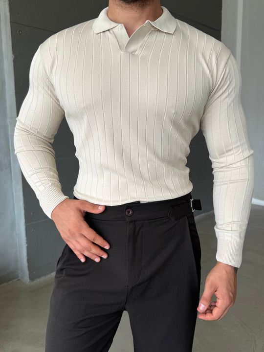 Bej Yakalı Fitilli Basic Triko TB
