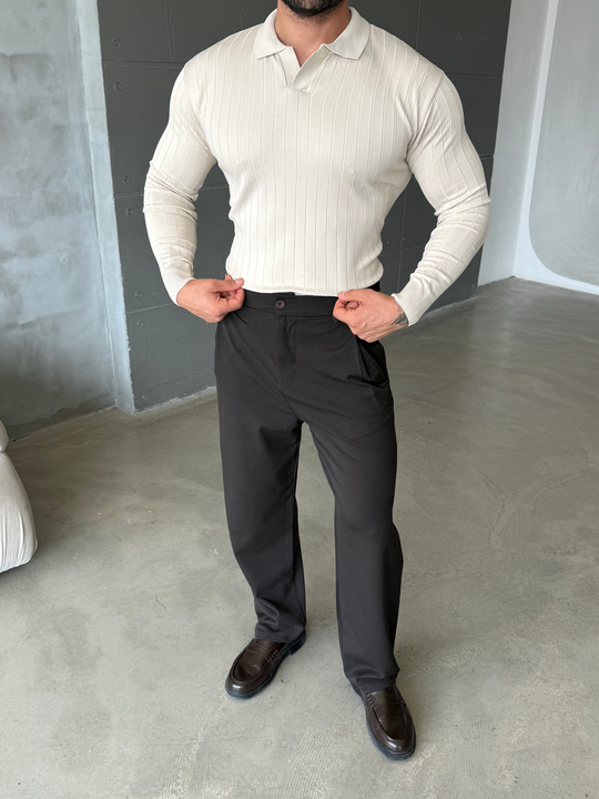 Bej Yakalı Fitilli Basic Triko TB