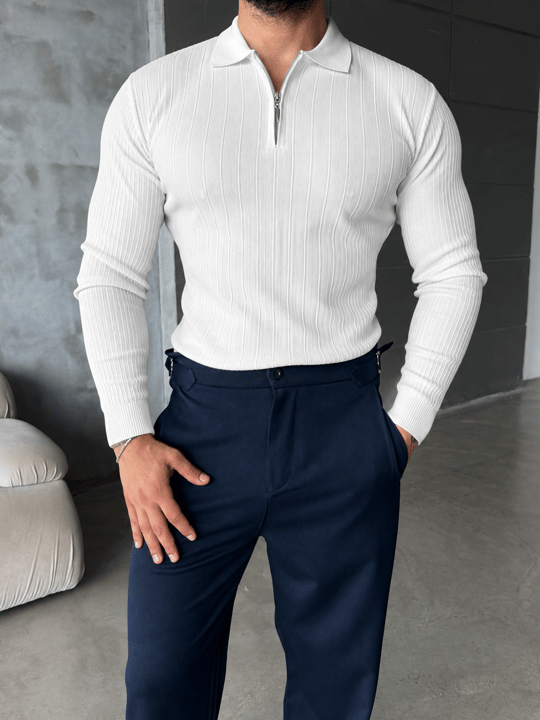 Beyaz Yarım Zip Detaylı Polo Yaka Triko TB