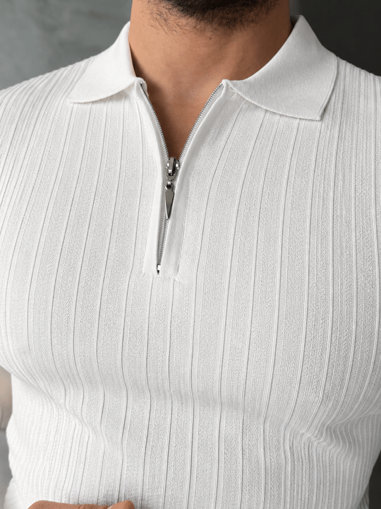 Beyaz Yarım Zip Detaylı Polo Yaka Triko TB