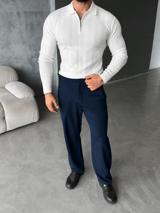 Beyaz Yarım Zip Detaylı Polo Yaka Triko TB