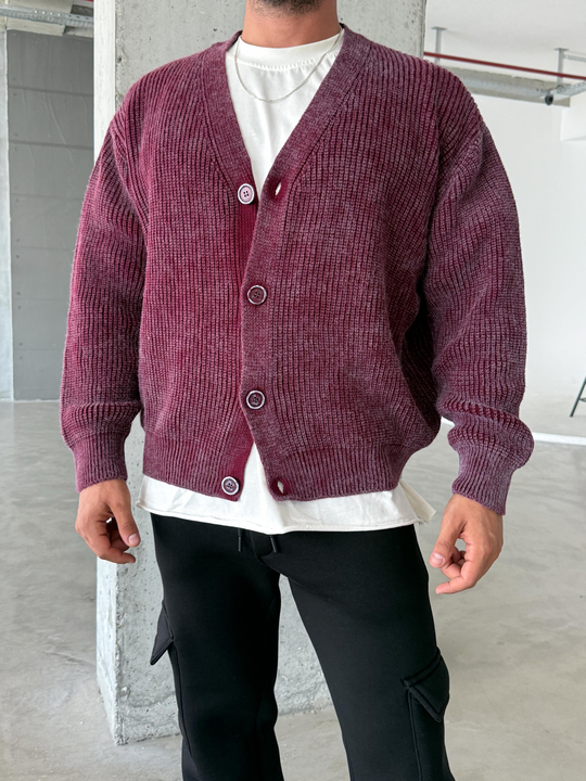 Bordo Düz Düğmeli Süveter PNC 9067