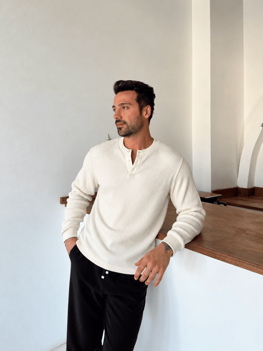 Ekru Triko Pamuk Sweat Henley PNC 9087