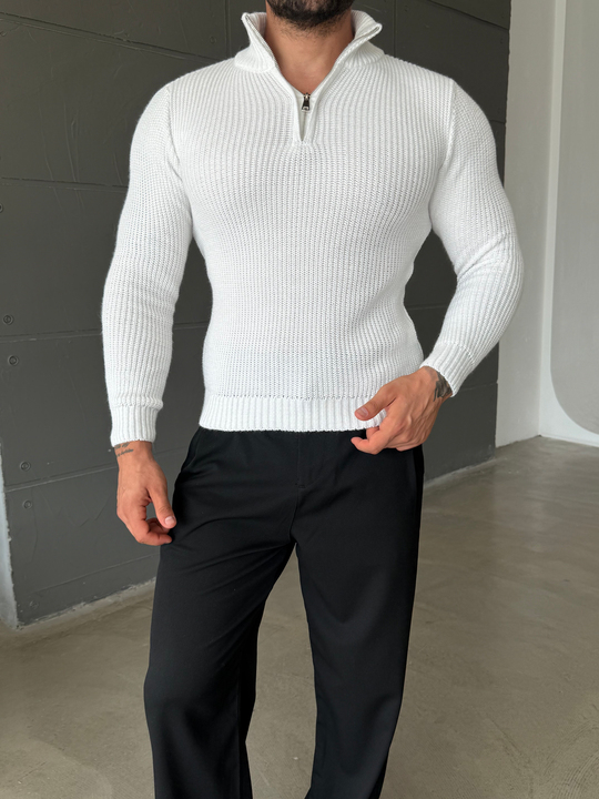 Ekru Yarım Fermuarlı Elegant Basic Kazak TB