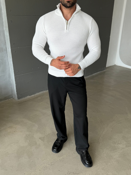 Ekru Yarım Fermuarlı Elegant Basic Kazak TB