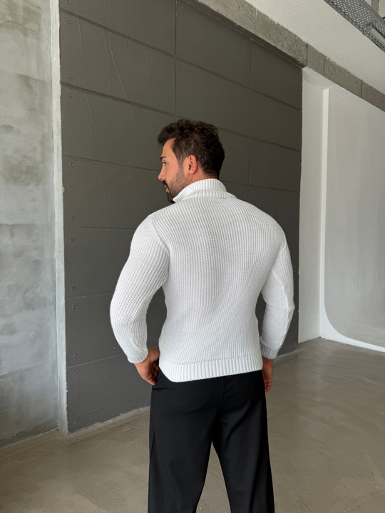 Ekru Yarım Fermuarlı Elegant Basic Kazak TB