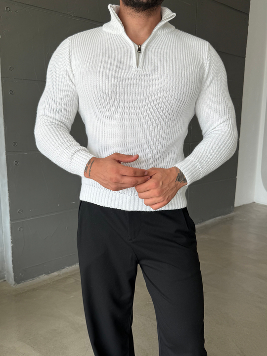Ekru Yarım Fermuarlı Elegant Basic Kazak TB