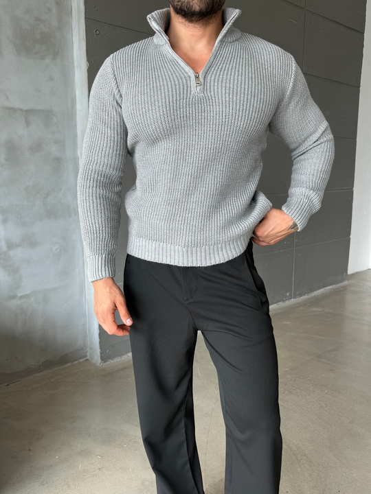Gri Yarım Fermuarlı Elegant Basic Kazak TB