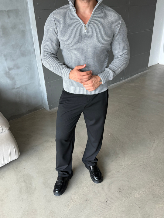 Gri Yarım Fermuarlı Elegant Basic Kazak TB