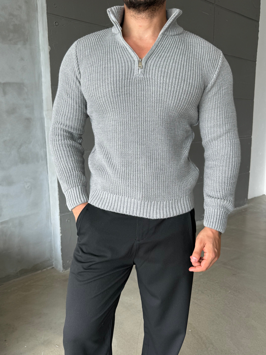 Gri Yarım Fermuarlı Elegant Basic Kazak TB