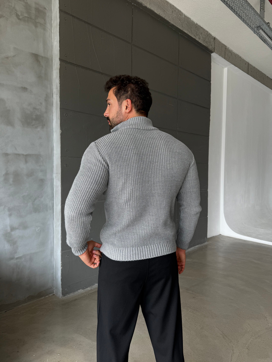 Gri Yarım Fermuarlı Elegant Basic Kazak TB