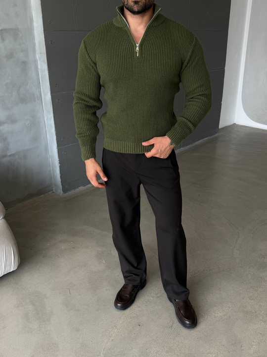 Haki Yarım Fermuarlı Elegant Basic Kazak TB