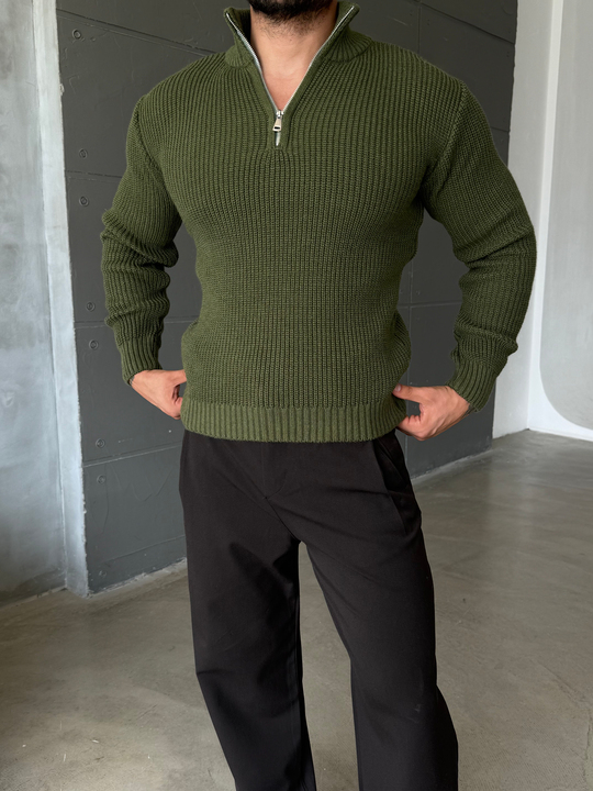 Haki Yarım Fermuarlı Elegant Basic Kazak TB