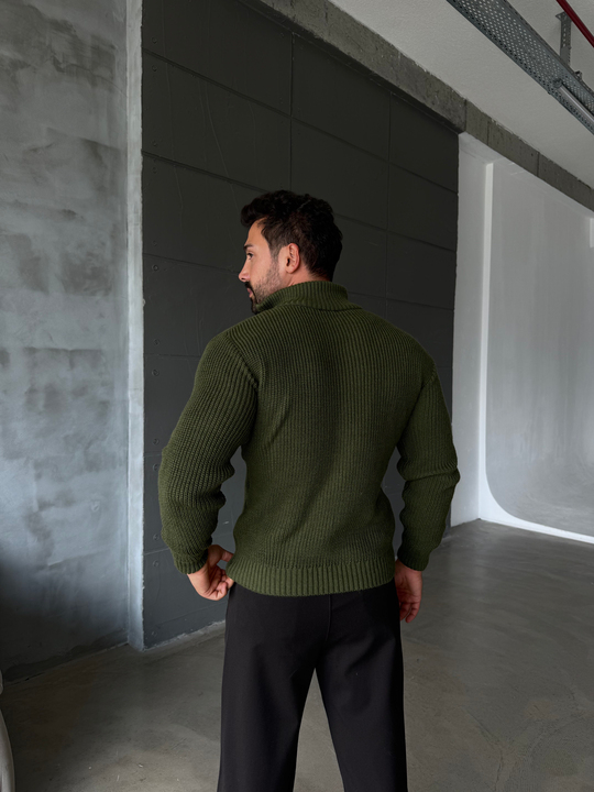 Haki Yarım Fermuarlı Elegant Basic Kazak TB