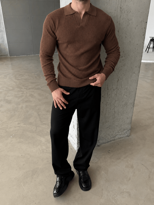 Kahve Motifli Açma Yaka Polo Triko TB