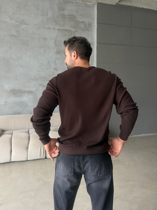 Kahve Triko Pamuk Sweat Henley PNC 6059