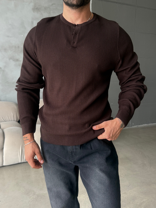 Kahve Triko Pamuk Sweat Henley PNC 6059