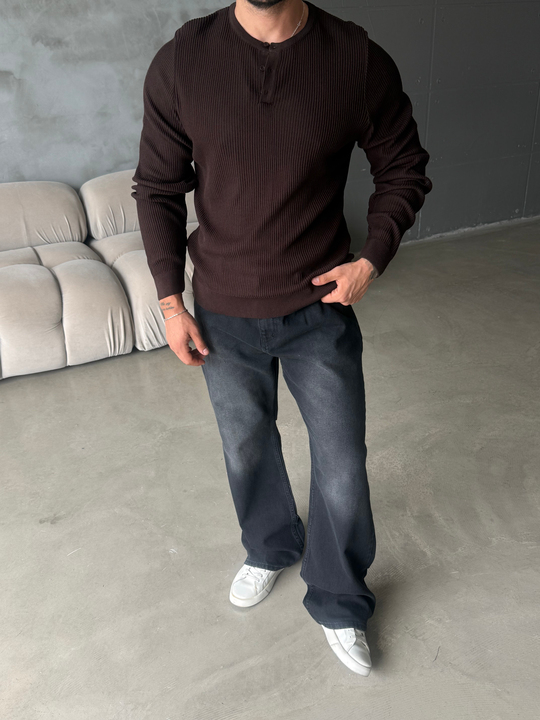 Kahve Triko Pamuk Sweat Henley PNC 6059