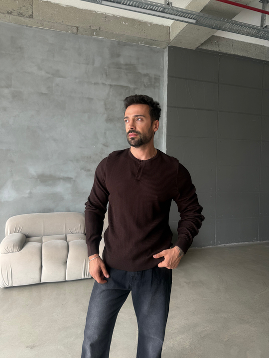 Kahve Triko Pamuk Sweat Henley PNC 6059