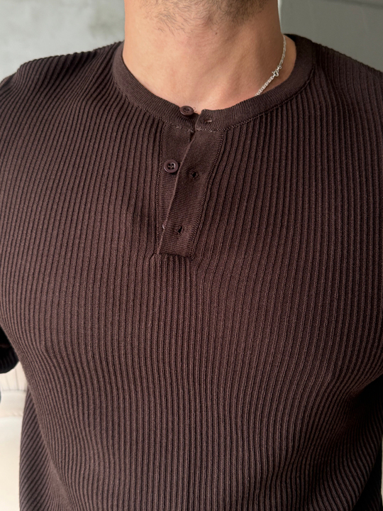 Kahve Triko Pamuk Sweat Henley PNC 6059