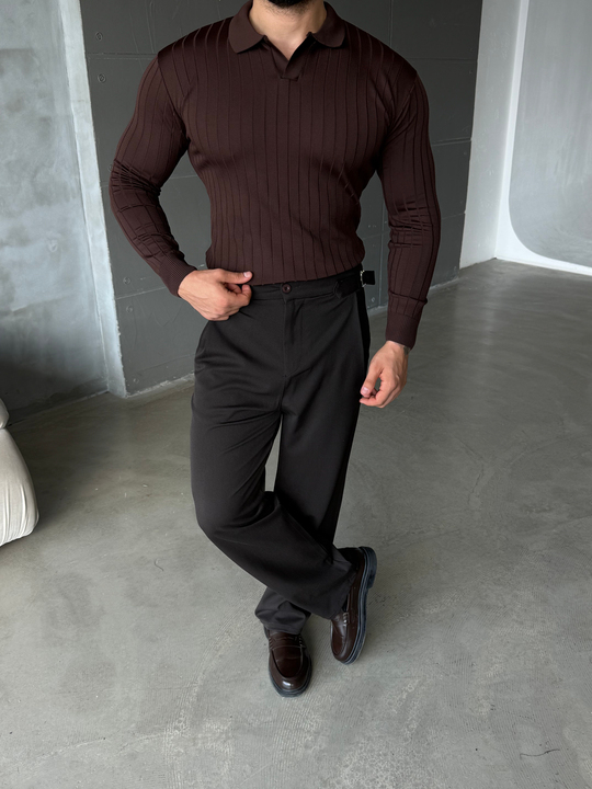 Kahve Yakalı Fitilli Basic Triko TB