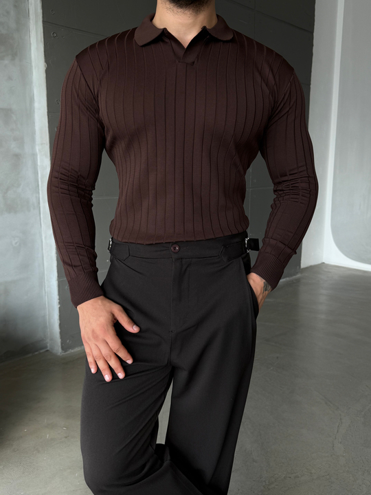 Kahve Yakalı Fitilli Basic Triko TB