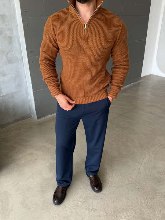 Kahve Yarım Fermuarlı Elegant Basic Kazak TB