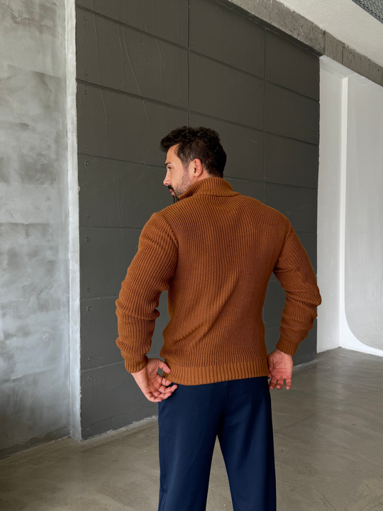Kahve Yarım Fermuarlı Elegant Basic Kazak TB
