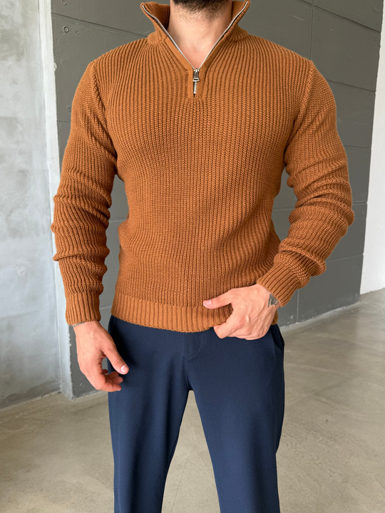 Kahve Yarım Fermuarlı Elegant Basic Kazak TB