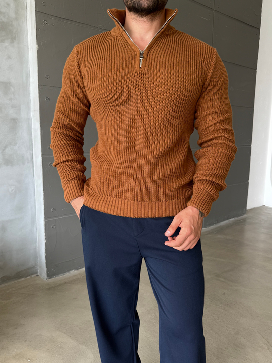 Kahve Yarım Fermuarlı Elegant Basic Kazak TB
