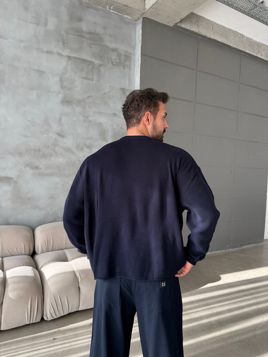 Lacivert Studio Baskılı Boxy Pamuk Kazak PNC 9090