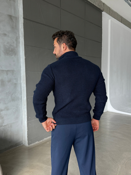 Lacivert Yarım Fermuarlı Elegant Basic Kazak TB