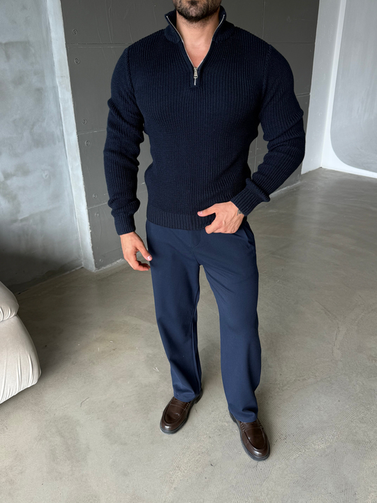 Lacivert Yarım Fermuarlı Elegant Basic Kazak TB