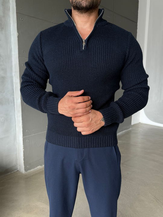Lacivert Yarım Fermuarlı Elegant Basic Kazak TB