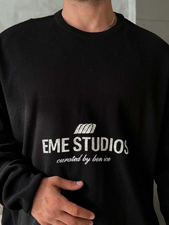 Siyah Studio Baskılı Boxy Pamuk Kazak PNC 9090