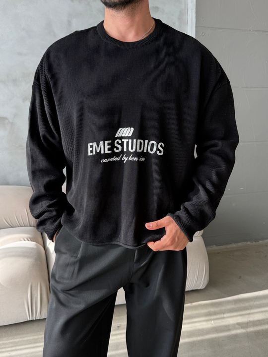 Siyah Studio Baskılı Boxy Pamuk Kazak PNC 9090