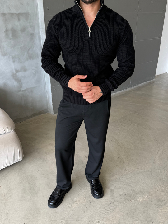 Siyah Yarım Fermuarlı Elegant Basic Kazak TB