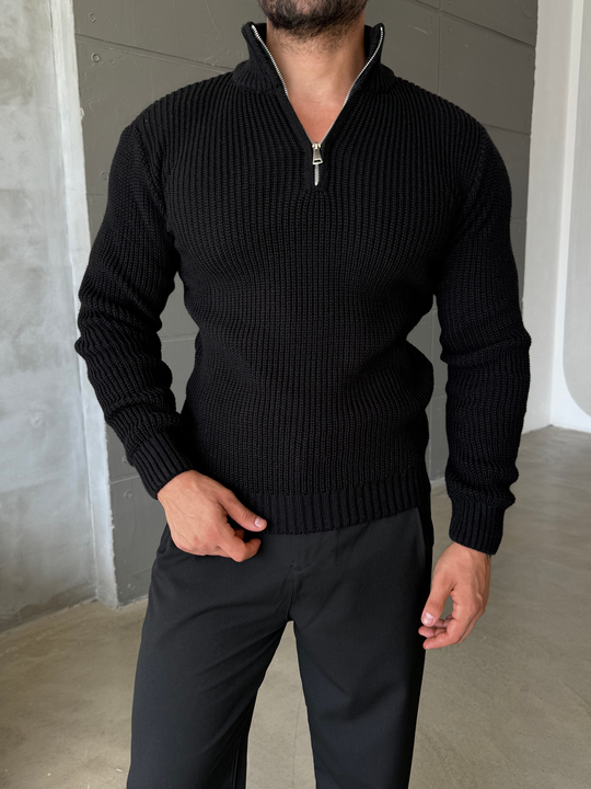 Siyah Yarım Fermuarlı Elegant Basic Kazak TB