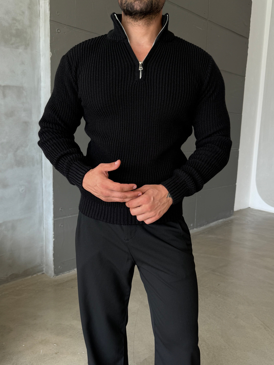 Siyah Yarım Fermuarlı Elegant Basic Kazak TB