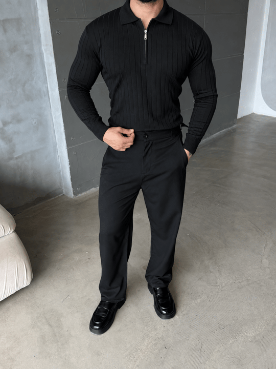 Siyah Yarım Zip Detaylı Polo Yaka Triko TB