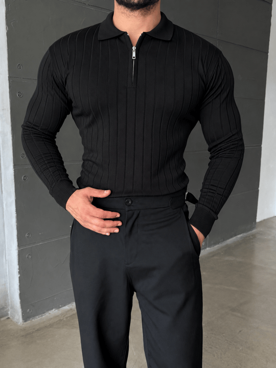 Siyah Yarım Zip Detaylı Polo Yaka Triko TB