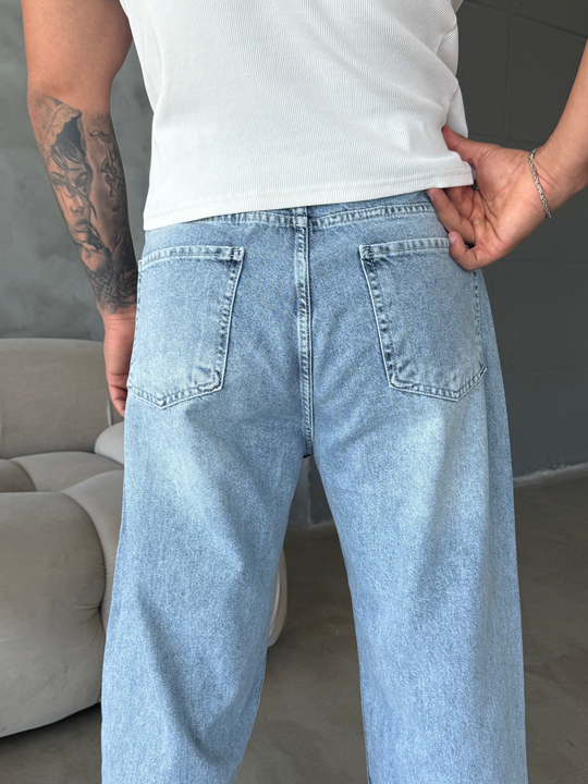 Buz Mavi Taşlamalı Baggy Kot Pantalon MOB