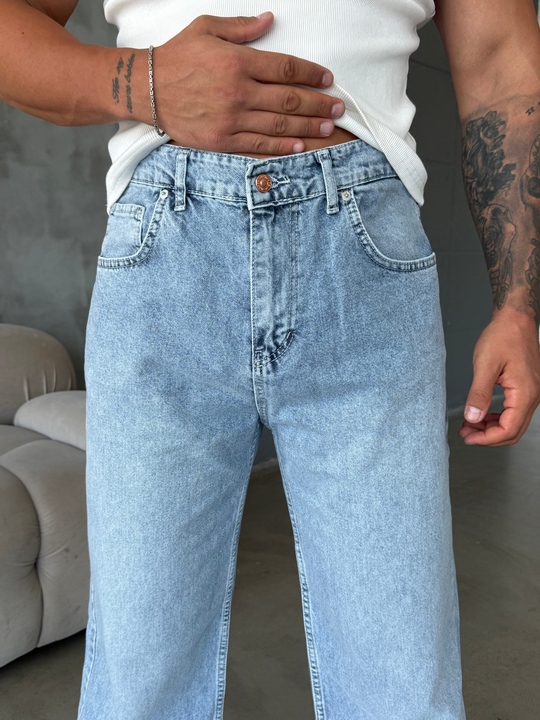 Buz Mavi Taşlamalı Baggy Kot Pantalon MOB