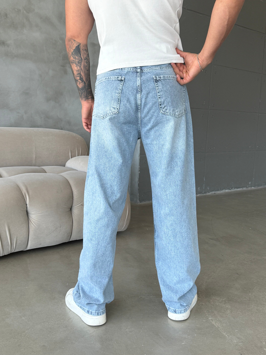 Buz Mavi Taşlamalı Baggy Kot Pantalon MOB