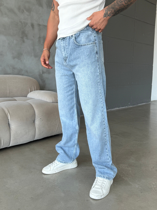 Buz Mavi Taşlamalı Baggy Kot Pantalon MOB